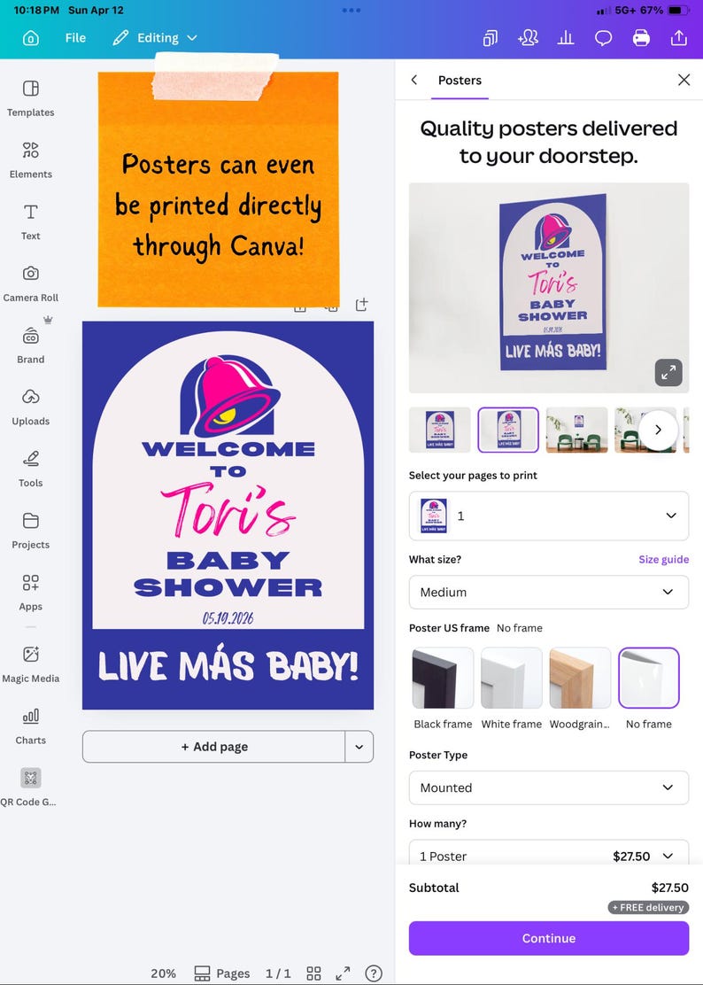 May include: A digital poster design for a baby shower, featuring a blue and white background with a pink bell logo. The text reads "Welcome to Tori's Baby Shower" and "Live M&aacute;s Baby!"