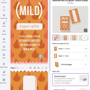 May include: Business card design with a diaper raffle theme. The front features a fiery orange background with the word "MILD" in large white letters. Text reads "Diaper raffle" and "Please bring a pack of diapers any size for your chance to win a prize."