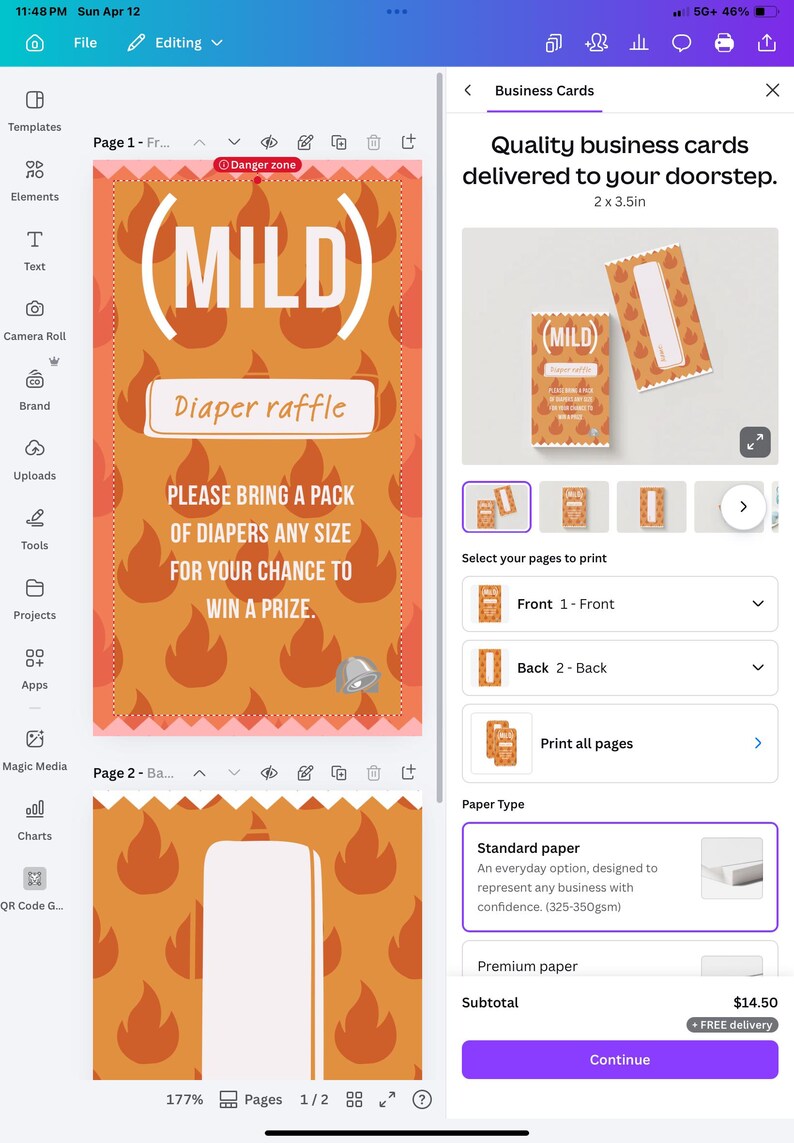 May include: Business card design with a diaper raffle theme. The front features a fiery orange background with the word "MILD" in large white letters. Text reads "Diaper raffle" and "Please bring a pack of diapers any size for your chance to win a prize."