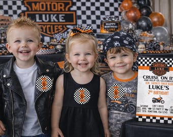 Harley-Davidson Inspired Digital Birthday Party Invitation, Banner, and Sticker Templates