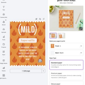 May include: Orange flyer with a flame pattern and the word "MILD" in a white circle. Text reads "Diaper raffle" and instructions for diaper drop-off. The flyer is 8.5 x 11 inches.