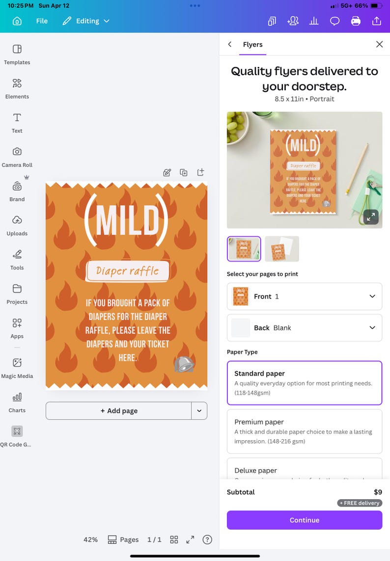 May include: Orange flyer with a flame pattern and the word "MILD" in a white circle. Text reads "Diaper raffle" and instructions for diaper drop-off. The flyer is 8.5 x 11 inches.
