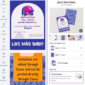 May include: Baby shower invitations with a Taco Bell theme. The design features a pink and yellow Taco Bell bell logo, the text "OUR LITTLE Taco Belle IS ON THE WAY!" and "LIVE M&Aacute;S BABY!" The invitations are 5 x 7 inches.