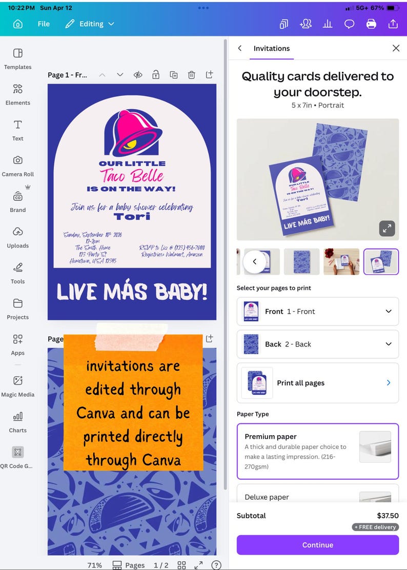 May include: Baby shower invitations with a Taco Bell theme. The design features a pink and yellow Taco Bell bell logo, the text "OUR LITTLE Taco Belle IS ON THE WAY!" and "LIVE M&Aacute;S BABY!" The invitations are 5 x 7 inches.