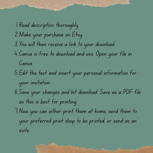 May include: A teal-colored graphic with the text "How Does It Work?" and numbered steps explaining the process of purchasing and using a digital file from Etsy, including editing in Canva and printing options.