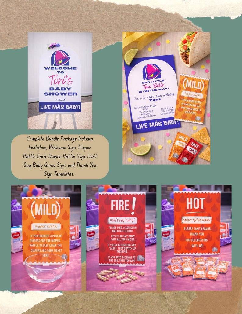 May include: A baby shower bundle with a Taco Bell theme. Includes a welcome sign, invitation, diaper raffle cards, and game signs. The signs feature the Taco Bell logo and phrases like "Live M&aacute;s Baby!"