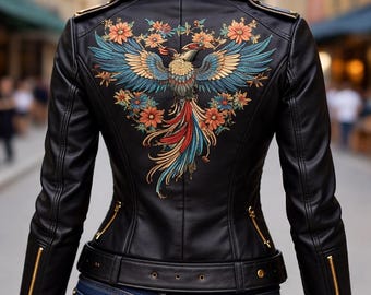 Embroidered Leather Jacket – Women’s Black Biker Jacket with Phoenix Design