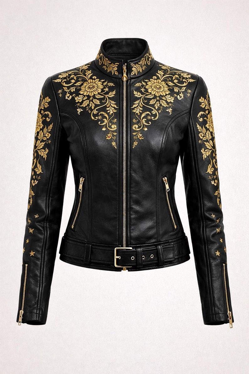May include: Black leather jacket with gold floral embroidery. It has a zip-up front, zipped pockets, and a belted waist. The sleeves feature gold star accents and zips at the cuffs. Measurements are in cm.
