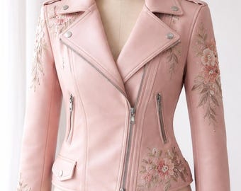 Blush Pink Floral Embroidered Leather Biker Jacket | Luxury Women’s Moto Jacket | Statement Outerwear