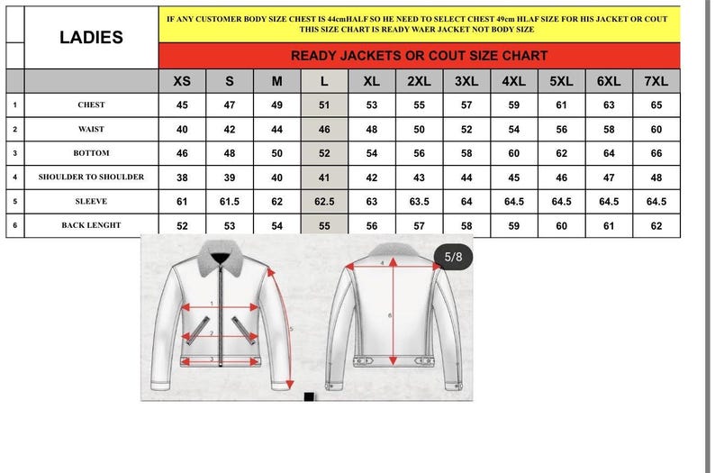 May include: A women's jacket size chart, displaying measurements in inches for chest, waist, bottom, shoulder to shoulder, sleeve, and back length. Features jacket diagrams with measurement indicators.