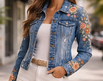 Floral Embroidered Medium-Wash Denim Jacket