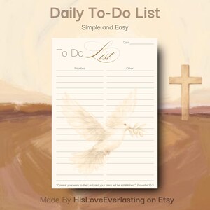 Könnte beinhalten: Eine beige tägliche To-Do-Liste mit den Worten "Daily To-Do List" und "Simple and Easy" oben. Die Liste enthält Abschnitte für Prioritäten und andere Aufgaben, mit einer Taubenillustration und einem Holzkreuz.