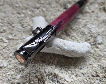 Purpleheart Wood Pen, Gunmetal Hardware, Hand Turned Bolt Action Pen