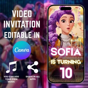 Puede incluir: Plantilla de invitación digital para un décimo cumpleaños, con una niña de dibujos animados llamada Sofía. La invitación es editable en Canva e incluye opciones para agregar música y compartir en aplicaciones. El fondo es una vibrante mezcla de morado y amarillo.