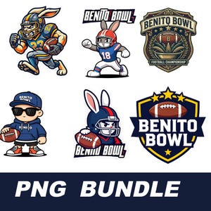 May include: A collection of cartoon-style logos featuring rabbits in football gear. The logos include the text "Benito Bowl" and a football. The bottom of the image has the text "PNG BUNDLE" in white.
