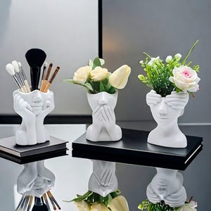 Resin Modern Abstract Face Planter - Unique Makeup Brush Holder - Human Face Flower Pots