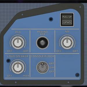 May include: A blue control panel with various dials and buttons. The panel has labels such as "PED", "ND", "LOUD SPEAKER", and "CONSOLE/FLOOR". It also features the text "PULL UP" and "GPWS". The dials are labeled "OFF", "BRT", and "MAX".