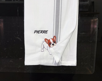 Custom French Bulldog on a tea towel, embroidered dog on a hand towel, it's a great personalized pet gift for the dog mom or dog dad