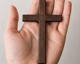 Handcrafted Solid Wood Cross: Rustic Brown or Wine Red Wall Decor (4.64" x 2.75")