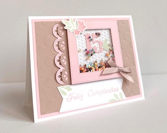 Handmade Quinceañera Card/Feliz Cumpleaños/15th Birthday/Shaker Card/Pink/Embossed
