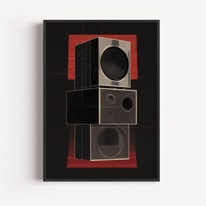 Könnte beinhalten: Gerahmter Kunstdruck mit einem geometrischen Design aus gestapelten Lautsprechern in Schwarz und Silber, vor einem schwarzen Hintergrund mit roten Akzenten. Die Lautsprecher haben kreisförmige Öffnungen und eine moderne Ästhetik.
