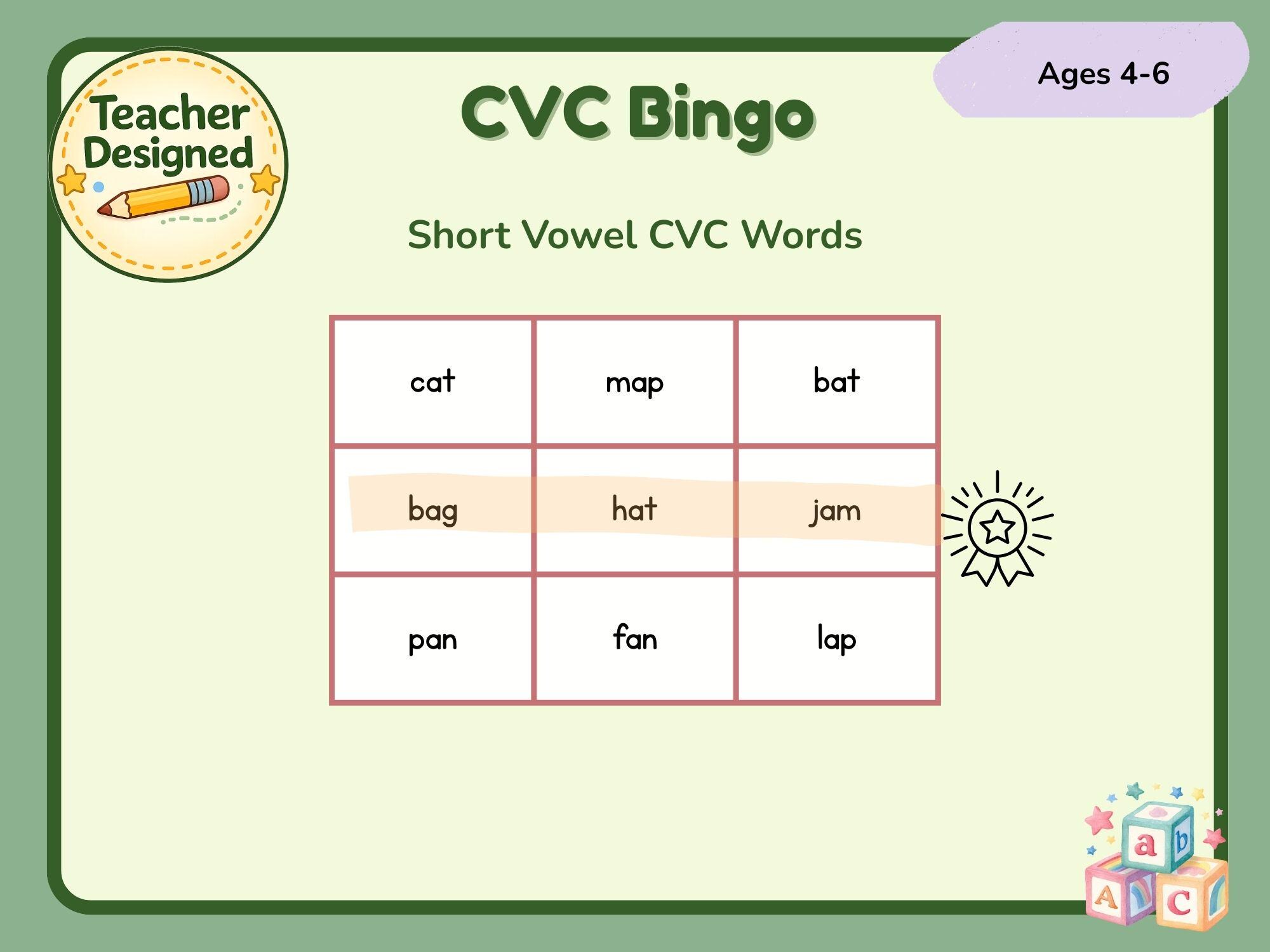 CVC Bingo Game | Short Vowel Words | Phonics Literacy Center Activity ...