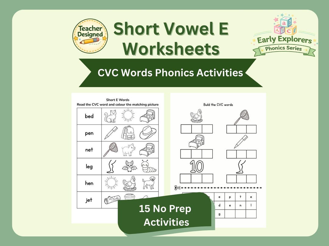 Short Vowel E Worksheets | CVC Words Phonics Activities | Kindergarten ...
