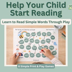 Puede incluir: Juego educativo con el texto "Ayude a su hijo a empezar a leer" y "Aprenda a leer palabras sencillas jugando". El tablero presenta círculos de palabras, ilustraciones y dados. Diseñado para el desarrollo de la alfabetización temprana.