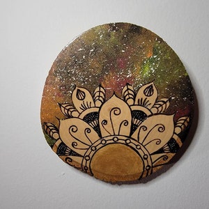 Mandala Flower - Gold Foil Paint - Galaxy - Wood Burning - Wall Decor