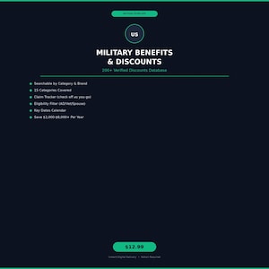 May include: A digital template with the title "MILITARY BENEFITS & DISCOUNTS" and the text "US" in a circle. The template includes features like a searchable database, 15 categories, a claim tracker, and eligibility filter. The template is designed to save users $2,000-$8,000+ per year.