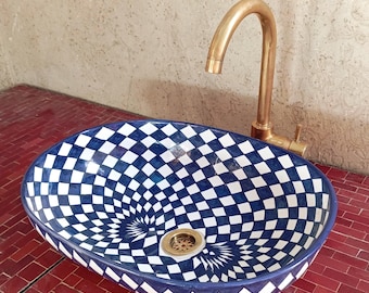 モロッコ風オーバル型セラミックシンク – 手描き洗面器 – ボヘミアンシックなバスルーム洗面化粧台