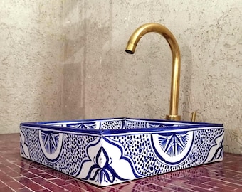 Square Moroccan Basin Sink – Handmade Ceramic Vessel, Bathroom Vanity Sink, Artisan Washbasin