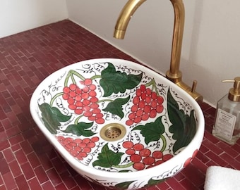 Lavabo ovalado de cerámica pintado a mano – Lavabo marroquí, decoración artesanal para el baño