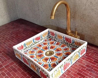 Lavabo cuadrado de cerámica marroquí pintado a mano – Lavabo artesanal para baño