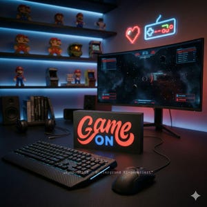 Könnte beinhalten: Gaming-Setup mit schwarzer Tastatur, Maus und Monitor mit Weltraumspiel. Ein Schild mit "Game On" in Rot und Blau leuchtet. Regale zeigen Figuren und Arcade-Spiel-Repliken mit Neon-Herz- und Controller-Lichtern.