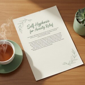 May include: A cup of tea on a green saucer next to a printed page titled "Self-Hypnosis for Anxiety Relief." A small succulent plant in a green pot sits nearby. The scene is set on a wooden surface.