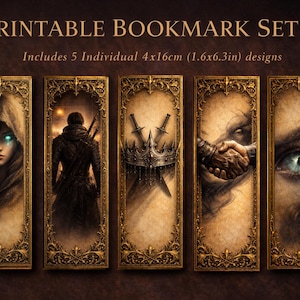Puede incluir: Juego de marcapáginas imprimibles con cinco diseños individuales, cada uno de 4x16cm. Los marcapáginas presentan ilustraciones de temática fantástica, incluyendo una figura encapuchada, un guerrero, una corona, un apretón de manos y un ojo.
