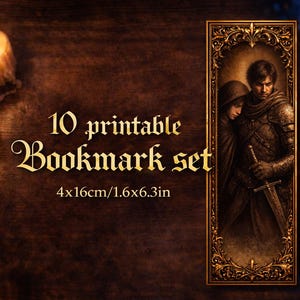 Puede incluir: Un conjunto de 10 marcapáginas imprimibles con temática medieval. La imagen presenta una pareja con armadura y una capa con capucha, con una espada. Las marcapáginas miden 4x16cm (1,6x6,3 pulgadas). Velas encendidas rodean la escena.