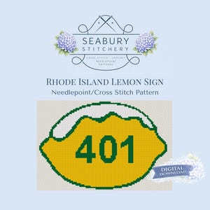 May include: A digital cross-stitch pattern featuring a yellow lemon with the number 401 in green. The design is labeled "Rhode Island Lemon Sign" and includes the text "Digital Download". The Seabury Stitchery logo is at the top.