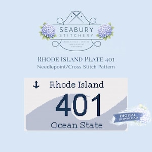 May include: A digital cross-stitch pattern featuring a design inspired by the Rhode Island license plate. The design includes the text "Rhode Island 401 Ocean State" in a pixelated style, with the Seabury Stitchery logo at the top.
