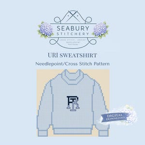 May include: Digital cross stitch pattern for a light blue URI sweatshirt. The design features a pixelated illustration of the sweatshirt with the letters "FR" in black on the front. The image includes the text "SEABURY STITCHERY" and "DIGITAL DOWNLOAD".