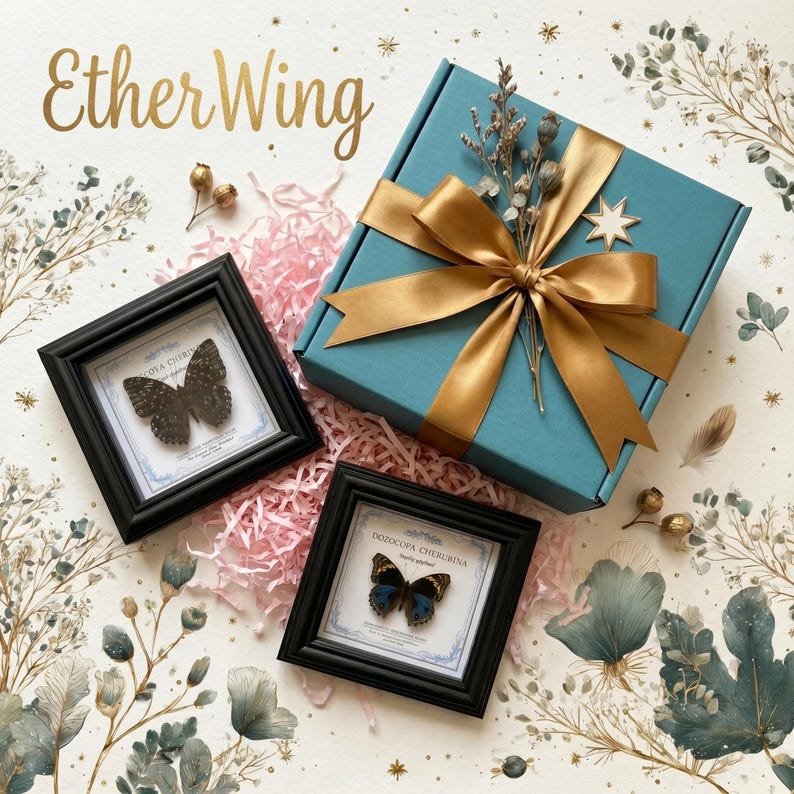May include: Two square black frames containing butterfly specimens, one labeled 'Dozocopa Cherubina', alongside a teal gift box tied with a gold ribbon and topped with dried flowers and a star ornament, all resting on a surface with floral art.