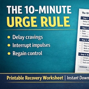 May include: A teal background with the text "THE 10-MINUTE URGE RULE" in white and yellow. Bullet points list "Delay cravings," "Interrupt impulses," and "Regain control." A worksheet titled "The 10-Minute Urge Containment Protocol" is also visible.