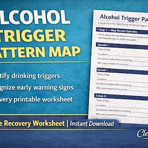 May include: A teal and blue graphic with the words "ALCOHOL TRIGGER PATTERN MAP" in white and yellow. It includes a worksheet titled "Alcohol Trigger Pattern Map" and lists steps to identify drinking triggers and early warning signs. The text "Printable Recovery Worksheet | Instant Download" is also visible.