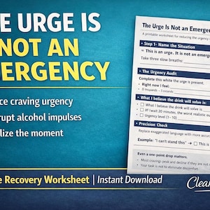May include: A teal background with white and yellow text that reads "THE URGE IS NOT AN EMERGENCY." A printable worksheet titled "The Urge Is Not an Emergency Protocol" is also visible. The worksheet is designed to reduce alcohol cravings.
