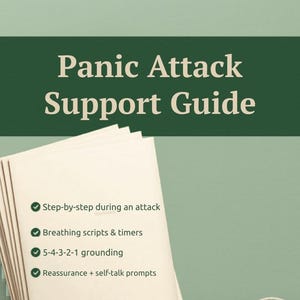 Könnte beinhalten: Ein Stapel weißer Papierblätter vor einem salbeigrünen Hintergrund. Der Text lautet Panic Attack Support Guide, gefolgt von einer Liste mit grünen Häkchen: Step-by-step during an attack, Breathing scripts & timers, 5-4-3-2-1 grounding, Reassurance + self-talk prompts.