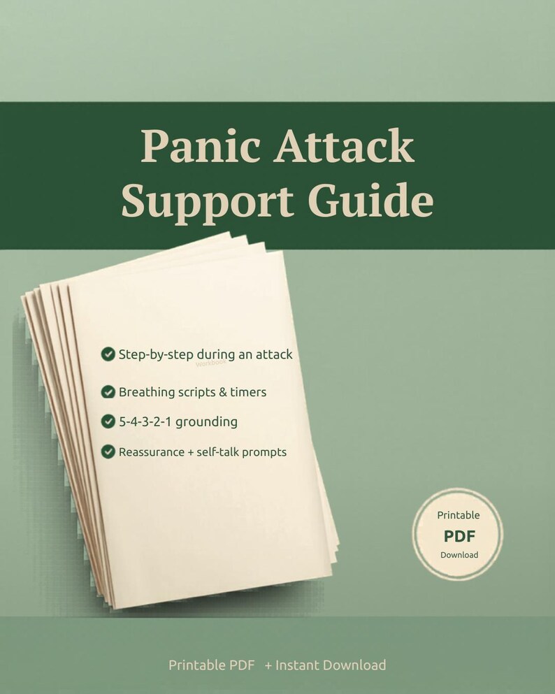 Pode incluir: Um guia de apoio para ataques de p&acirc;nico, com o t&iacute;tulo em branco sobre um fundo verde escuro. Inclui passos, exerc&iacute;cios de respira&ccedil;&atilde;o, t&eacute;cnicas de grounding e prompts de autoconversa. Dispon&iacute;vel para download em PDF.