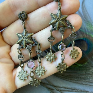 Deep Bronze Star Earrings With Amethyst Gems. Women's Earrings, Boho Star Earrings, Tribal Vintage Style Brass Earrings