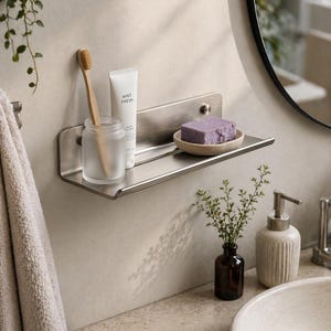May include: A brushed stainless steel wall-mounted bathroom shelf holding a frosted glass jar with a wooden toothbrush, a white tube of Mint Fresh toothpaste, and a small beige dish containing a rectangular purple bar of soap.