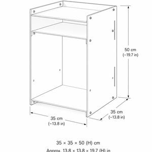 May include: A white open-frame storage unit with a top shelf and a larger bottom compartment. The unit measures 35 inches wide by 35 inches deep by 50 inches high, or approximately 13.8 inches by 13.8 inches by 19.7 inches high.